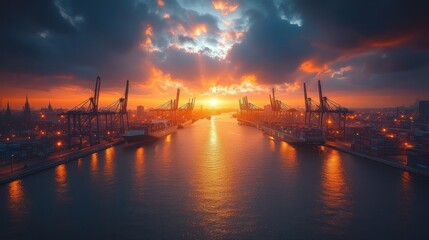 Obraz premium Sunset over busy port