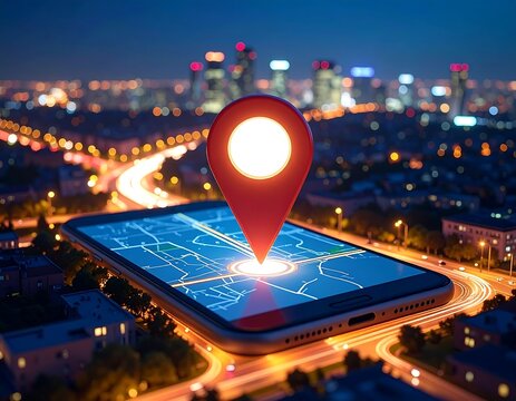Smartphone with map and location pin at night