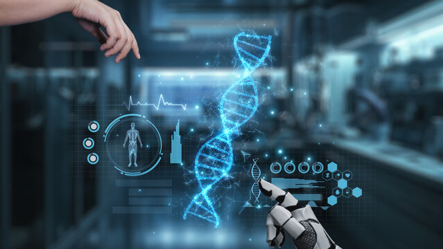 Robot and human reaching hand and pointing finger with DNA holographic floating. Close up of robotic hand and human working together while pointing finger at blurred laboratory background. Salubrious. - Powered by Adobe