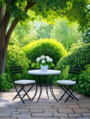 Serene Garden Patio Scene - A tranquil garden setting features a small white table and two black chairs, adorned with a bouquet of white flowers. Lush greenery provides a serene backdrop