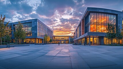 Obraz premium Modern office complex plaza at sunset