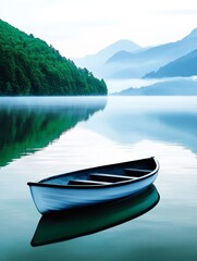 Obraz premium Serene Lake Rowboat - A small rowboat rests on a calm lake surrounded by misty mountains and lush green hills. Peaceful and tranquil scene