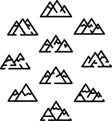 A collection of mountain icons arranged in a circular pattern on a light gray background showing peaks