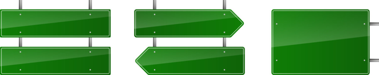 Set of green road signs. Blank traffic signs, highway boards, signposts, and signboards. Realistic traffic signs isolated on a white background. Vector