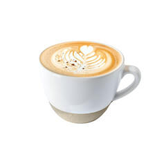 Cup of Cappuccino with Latte Art and Coffee Beans on transparent background


