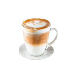 Cup of Cappuccino with Latte Art and Coffee Beans on transparent background

