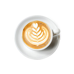 Cup of Cappuccino with Latte Art and Coffee Beans on transparent background

