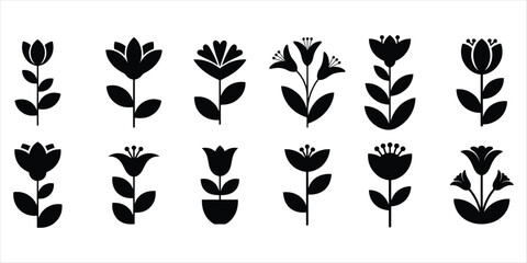 flower icon set vector silhouette on white background.