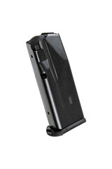Black metal pistol magazine for 9mm ammunition, shown on white back