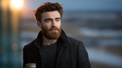 Confident bearded businessman in dark winter jacket