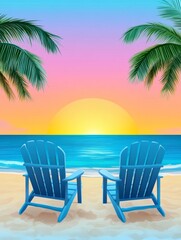 Sunset Beach Chairs Illustration - Tranquil beach scene, two blue chairs facing sunset, palm trees framing the view, symbolizes relaxation, vacation, serenity, escape, and peace
