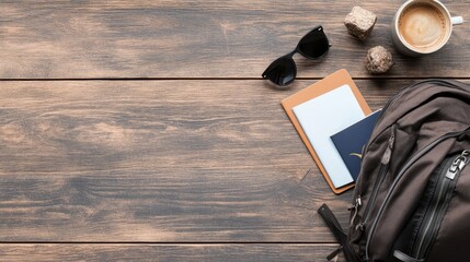Travel Essentials: A Rustic Wooden Background - Flatlay showcasing travel essentials: backpack, passport, sunglasses, notebook, and coffee. Symbolizing adventure, journey, exploration, relaxation
