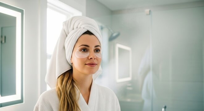 Middle-aged woman with towel on head applying under-eye patches in bathroom - Powered by Adobe