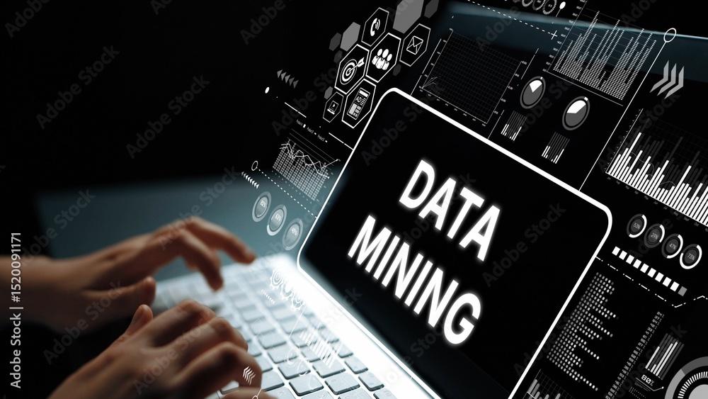 Poster hands typing on laptop with data mining text overlaid on digital interface of charts, graphs, and sy