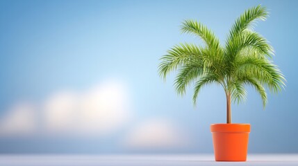 Tropical Palm in Orange Pot - A small palm tree in an orange pot against a blurred light blue sky background