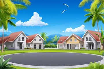 Tropical Suburban Homes - Idyllic cartoon- of three charming houses nestled in a tropical setting, complete with palm trees and a clear blue sky