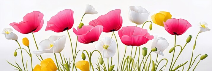 Vibrant Spring Flowers - A vibrant of pink, white, and yellow poppies and other spring flowers on a white background