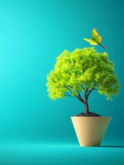 Vibrant Green Bonsai Tree with Butterfly - A lush green bonsai tree in a beige pot, a yellow butterfly nearby, set against a teal background. Symbolizes growth, nature, serenity