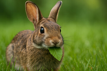 Fototapeta premium Adorable brown rabbit eating green leaf in grass