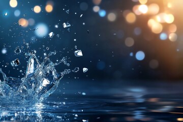 Water Splashing with Bokeh Background - Close-up shot of a water splash against a blurred background of golden and blue bokeh lights. Perfect for refreshing concepts