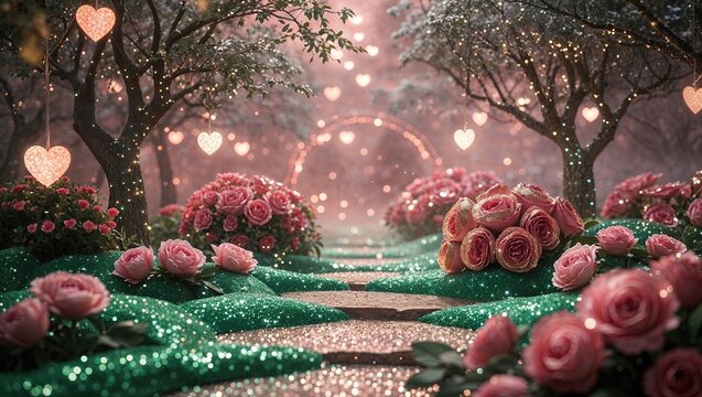 Un camino de cuento de hadas con brillantes destellos de purpurina y flores de rosa en plena floraci&oacute;n, bajo un dosel de &aacute;rboles con luces de San Valent&iacute;n.