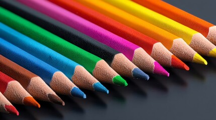 Colorful pencils arranged in a row, ideal for creative and artistic themes.