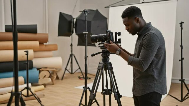 Young Black Man Adjusting Camera on Tripod in a Professional Photography Studio