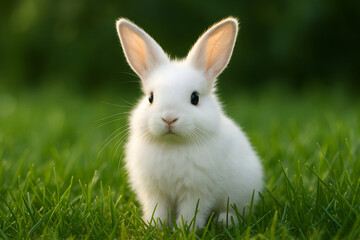 Adorable white baby rabbit in green grass