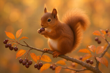 Obraz premium Adorable red squirrel eating berries in autumn