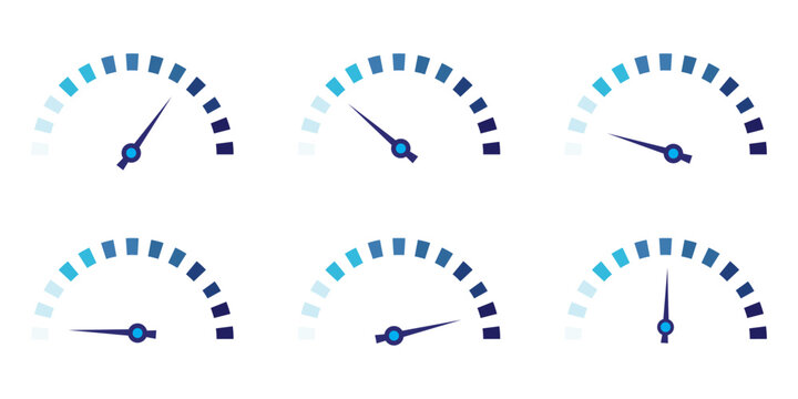 Dashboard colorful speedometer icons set. Tachometer icon isolated. Performance indicator sign. Car speed. Fast internet speed sign. Stock flat vector elements.