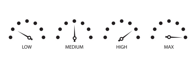 speedometer color icon set. Low, medium, high and max speedometer sign. Rating Speed Meter. Speedometer icon. Speed indicator sign. Internet car speed.