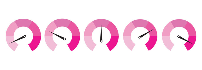 Dashboard colorful speedometer icons set. Tachometer icon isolated. Performance indicator sign. Car speed. Fast internet speed sign. Stock flat vector elements.