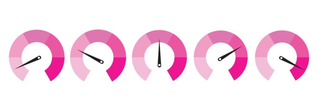 Dashboard colorful speedometer icons set. Tachometer icon isolated. Performance indicator sign. Car speed. Fast internet speed sign. Stock flat vector elements.