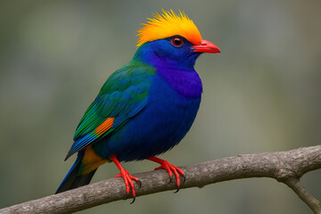 Fototapeta premium Vibrant golden crested tanager perched on branch