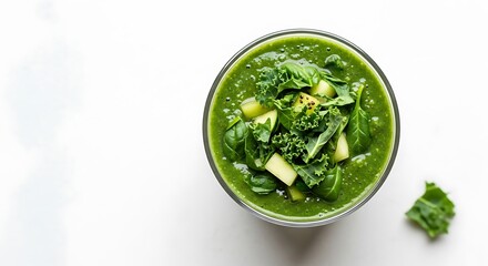 Overhead view of green smoothie in a glass, with pieces of kale and apple on top. Placed on a white surface. Concept of healthy food and diet.