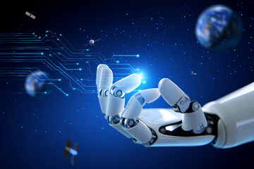 Robot hand artificial intelligence technology space background futuristic ai