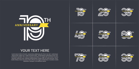 Anniversary logo type set with double line number. white color with small yellow ribbon for celebration event