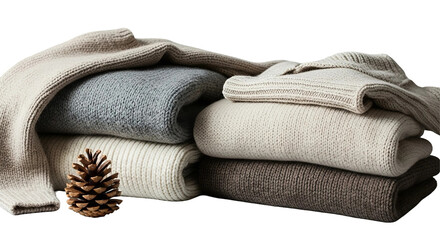 Cutout of cozy woolen sweaters, scarves, and mittens isolated on transparent background for fashion and seasonal designs