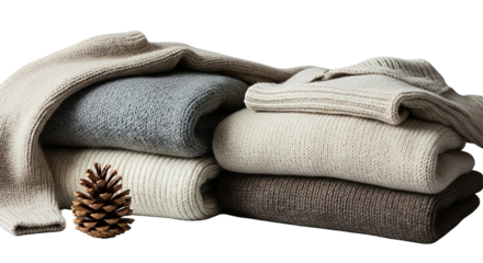 Cutout of cozy woolen sweaters, scarves, and mittens isolated on transparent background for fashion and seasonal designs