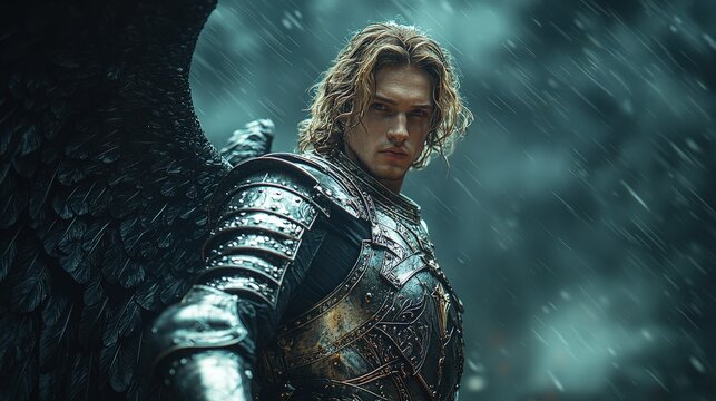 Majestic warrior angel in armor amidst rainfall: a medieval fantasy scene