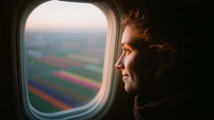 A woman gazes out an airplane window at sunrise, admiring colorful fields below, capturing travel and introspection moments.