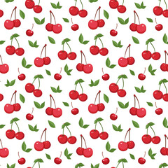 Seamless pattern of cherries and leaves. Vector illustration in flat style. Suitable for banners, fabric, wrapping paper,backgrounds.