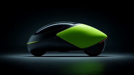 Futuristic electric vehicle with sleek design and vibrant green accents in low light.