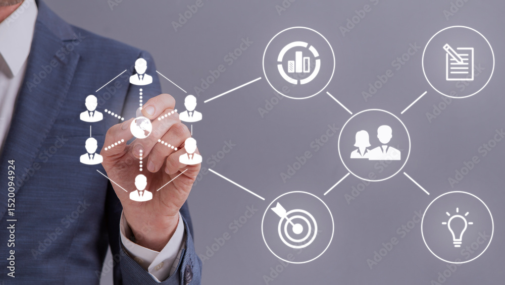 Aufkleber e-business concept. unrecognizable entrepreneur touching white icons representing online business pr