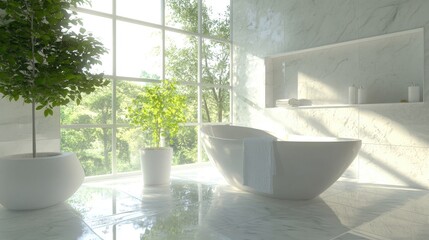 Fototapeta premium Elegant white freestanding bathtub in a modern bathroom with marble tiles, sunlight streaming through a large window