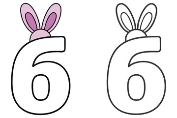 A pink bunny peers over a number six, presented in both color and outline
