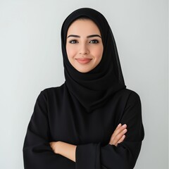 Confident woman in black hijab poses with arms crossed against a plain background in bright lighting
