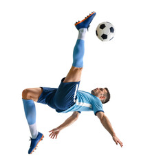 Pro male football player doing overhead upside down bicycle shot on isolated background