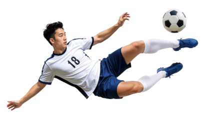 Pro Asian male football player doing an airborne overhead scissor shot