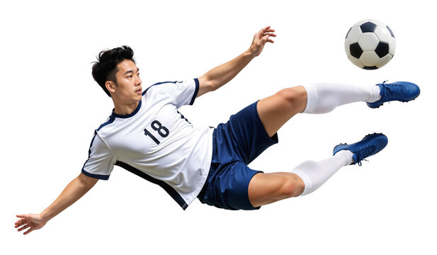 Pro Asian male football player doing an airborne overhead scissor shot